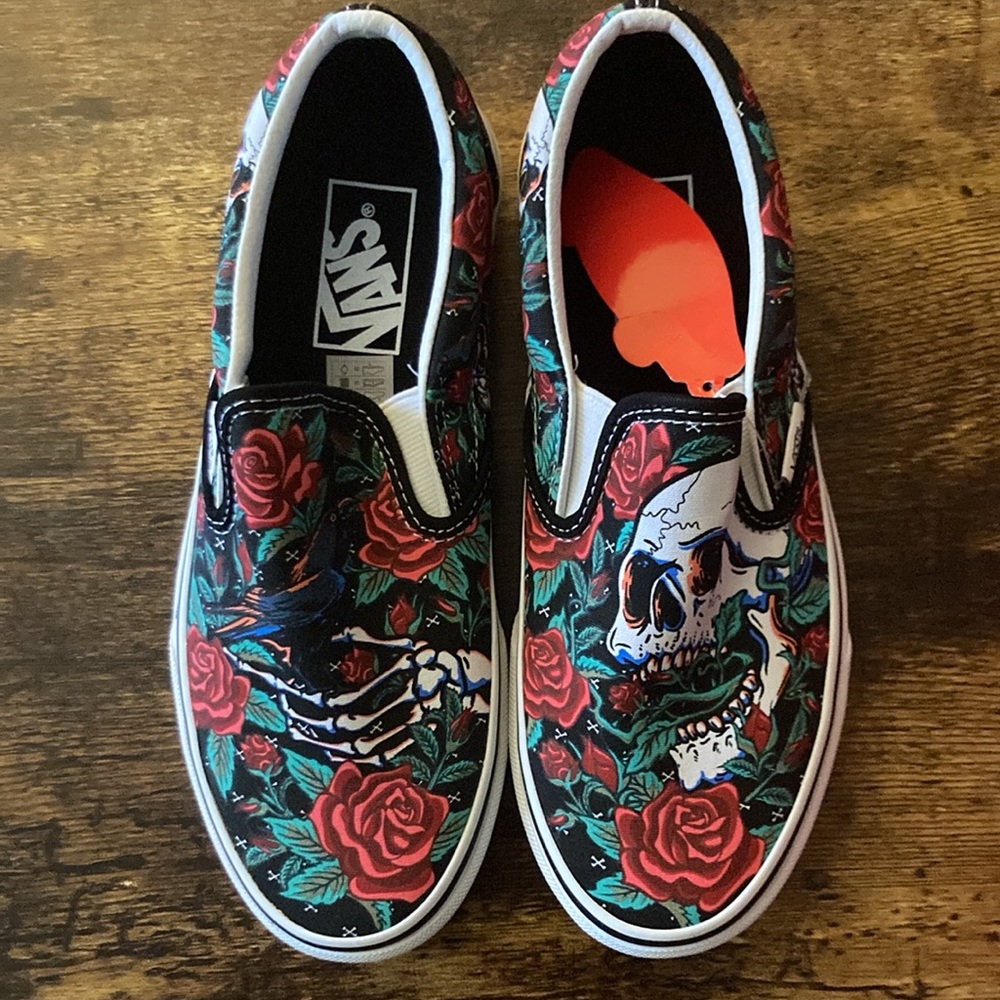 Rose Skull Vans slip-ons